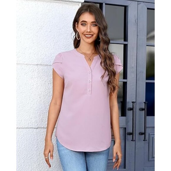 Siliteelon Women's Short Sleeve V Neck Button Down Dress Shirt Blouse Dark Pink - Picture 3 of 6